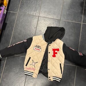 Kids Quilted Beige & Black Letterman Jacket with Hood